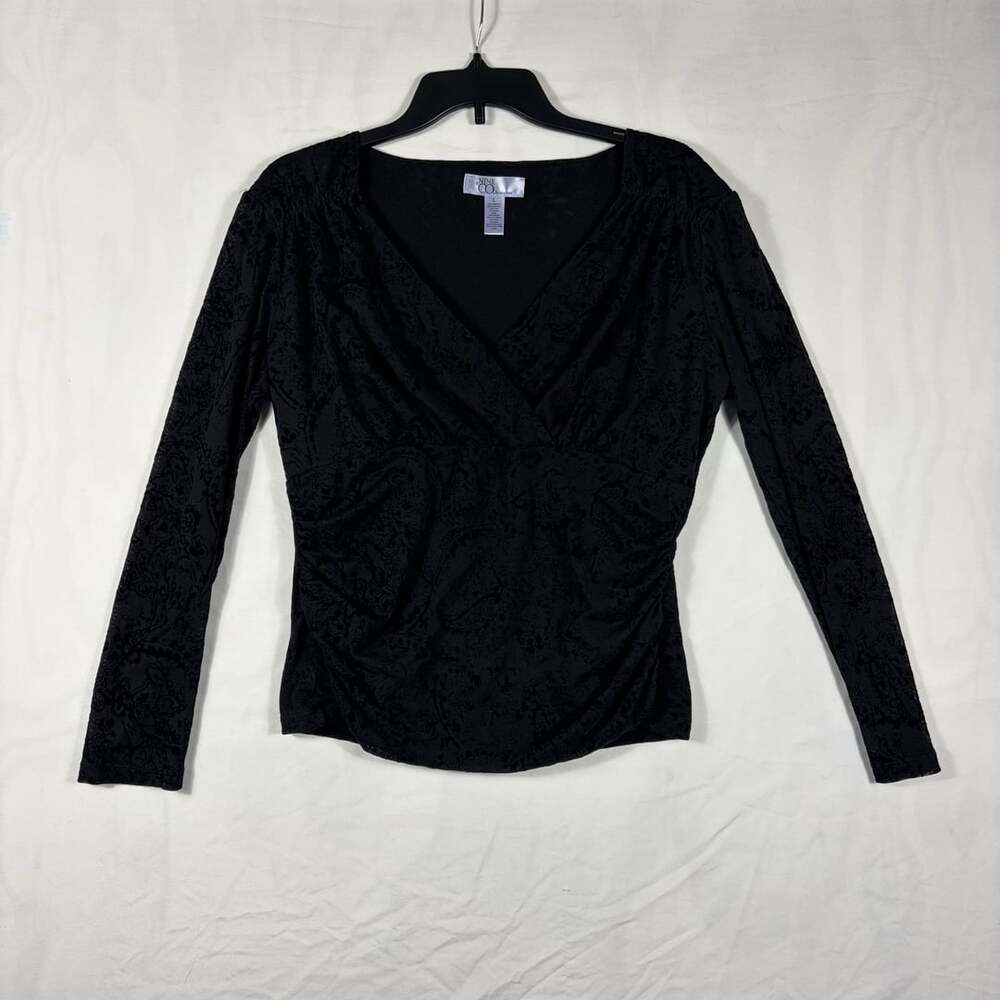 Nine & Co. By Nine West Top Size L Black Flocked Floral Long Sleeve V-Neck